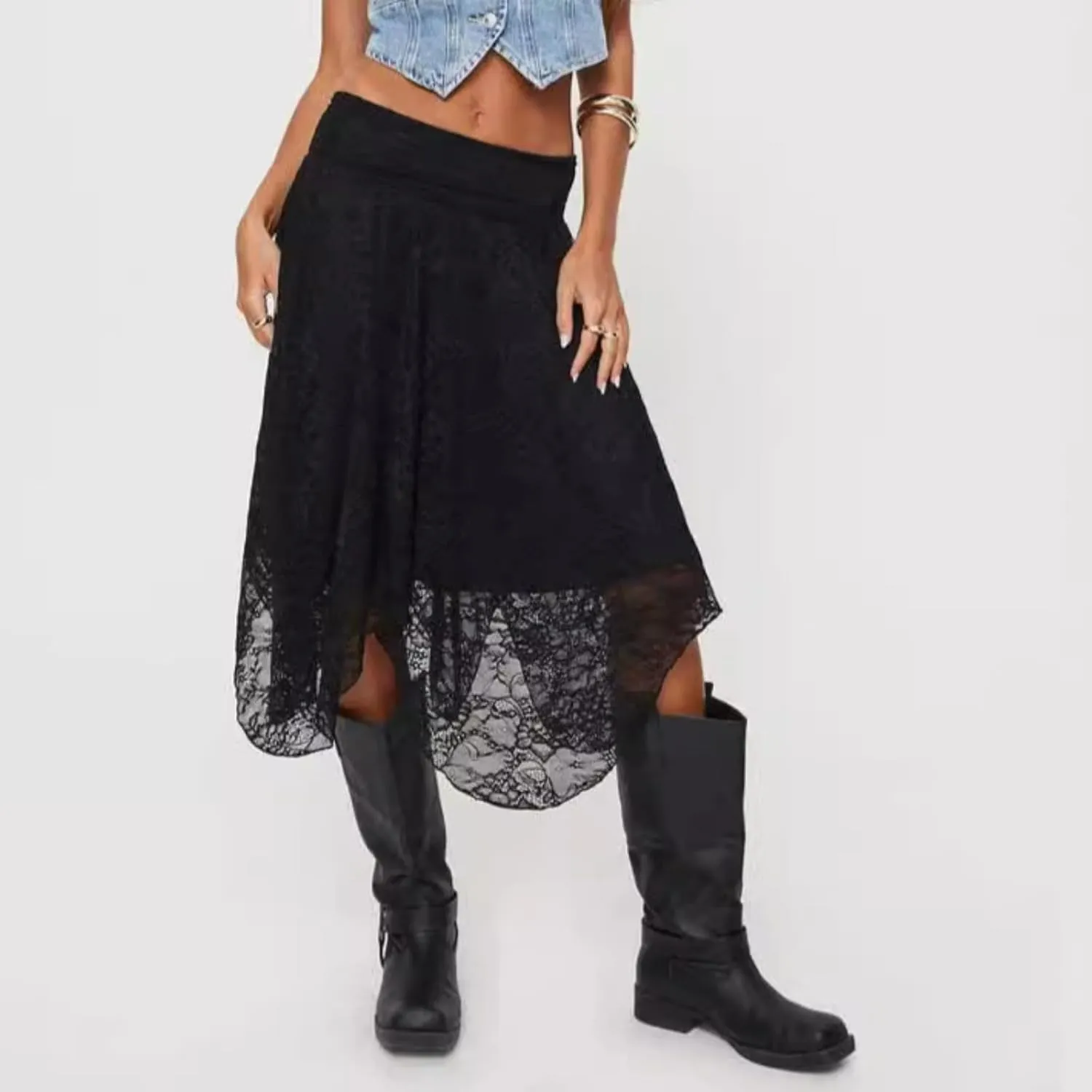 VCM Y2k Skirts for Women Midi Skirt Lace Skirt High Waisted Skirts Lace Skirt Asymmetrical Skirt A Line Skirt