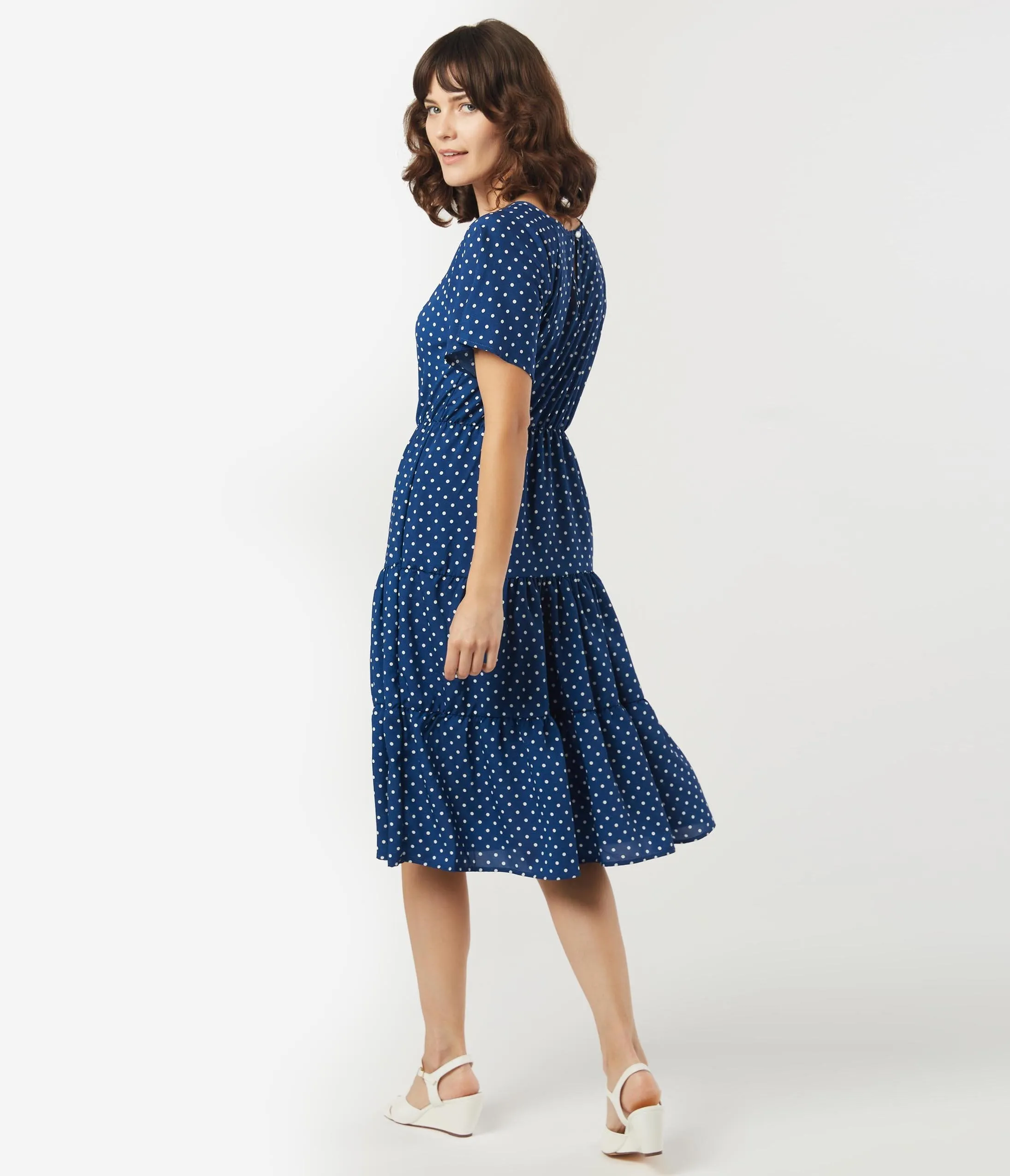 Vintage Style Navy & White Pin Dot Tiered Dress