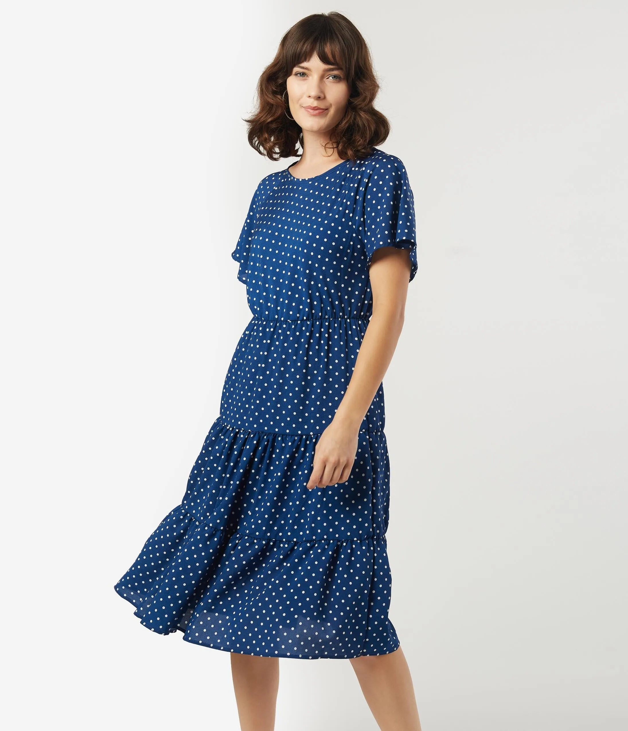 Vintage Style Navy & White Pin Dot Tiered Dress