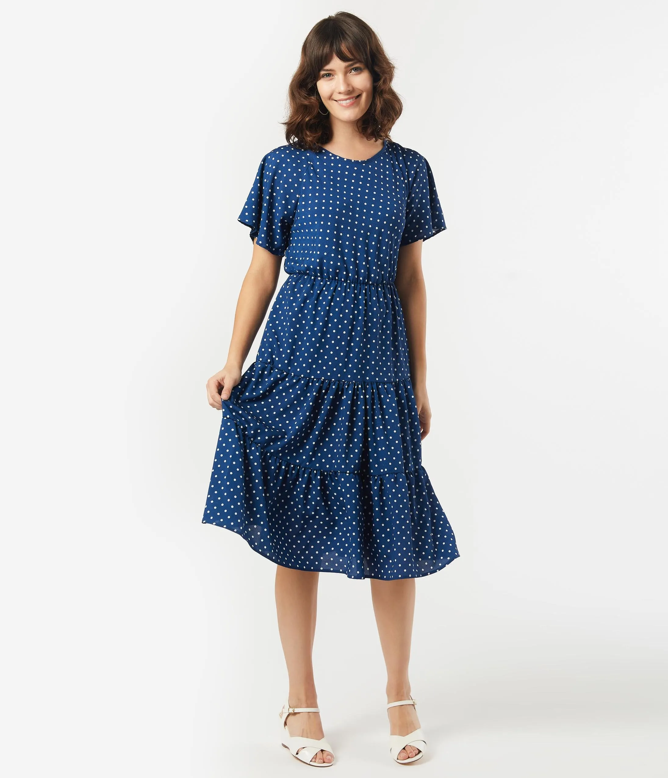 Vintage Style Navy & White Pin Dot Tiered Dress