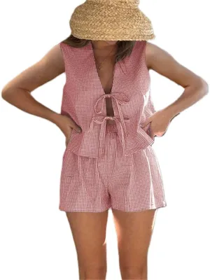 Women Casual Summer Lounge Set Y2k 2 Piece Outfits Set Sleeveless Tie Front Tank Top Vest Boxer Shorts Pj Set