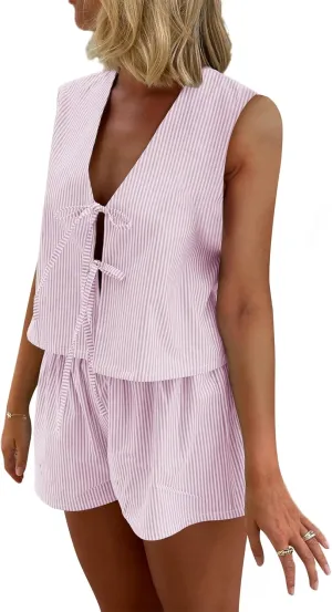 Women Casual Summer Lounge Set Y2k 2 Piece Outfits Set Sleeveless Tie Front Tank Top Vest Boxer Shorts Pj Set