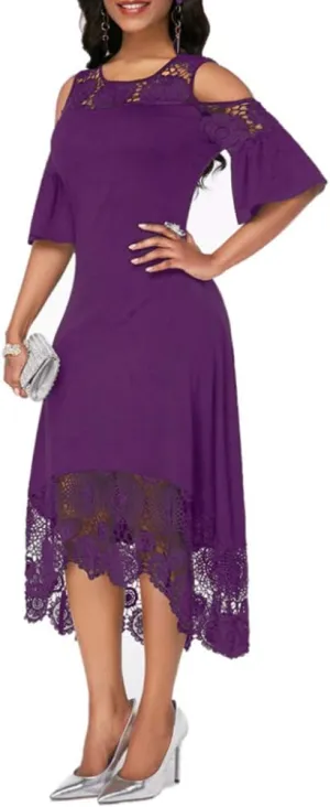 Women Lace Trim Plus Size Dresses Cold Shoulder Short Sleeve Ruffle Cocktail Party Midi Dress