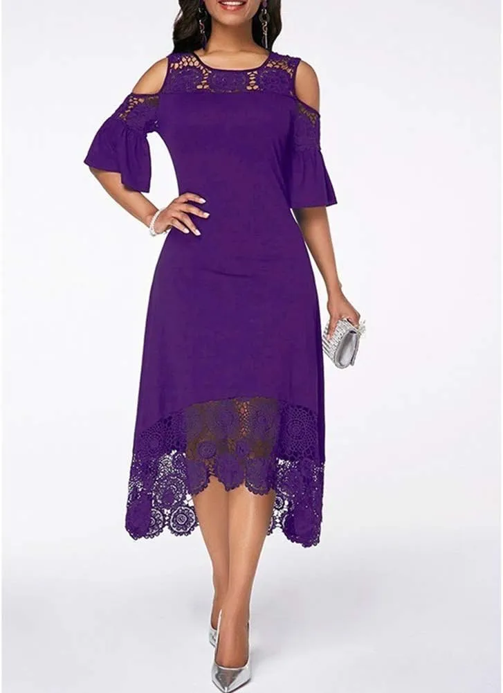 Women Lace Trim Plus Size Dresses Cold Shoulder Short Sleeve Ruffle Cocktail Party Midi Dress