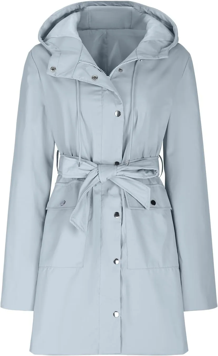 Women Rain Jacket Lightweight Drawstring Hooded Waterproof Raincoat Windbreaker Climbing Outdoor Trench Coats with Belt