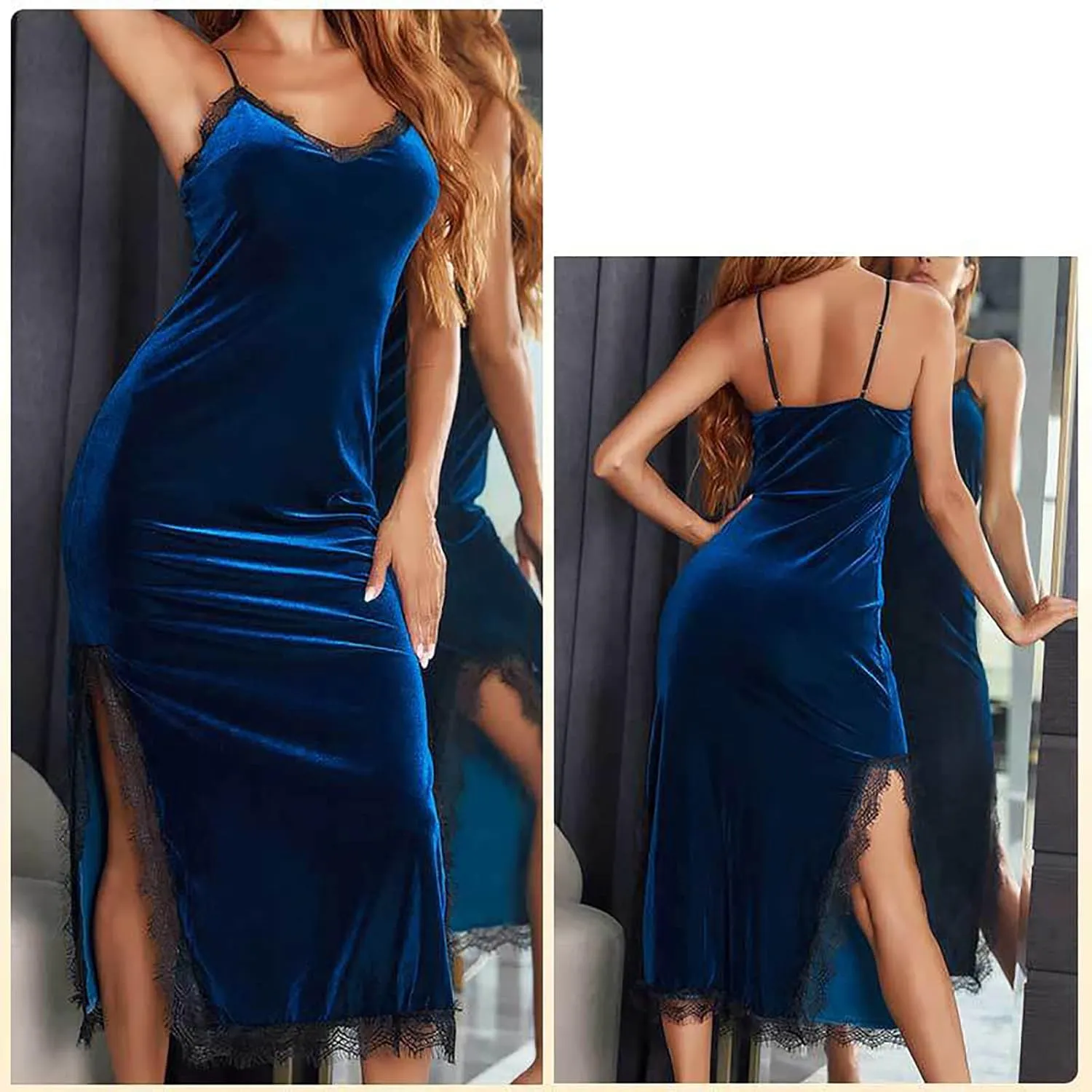 Women Sexy Nightgowns Side Split Sleepwear Spaghetti Strap Long Dress Ladies V Neck Sleeveless Comfy Outside Dresses