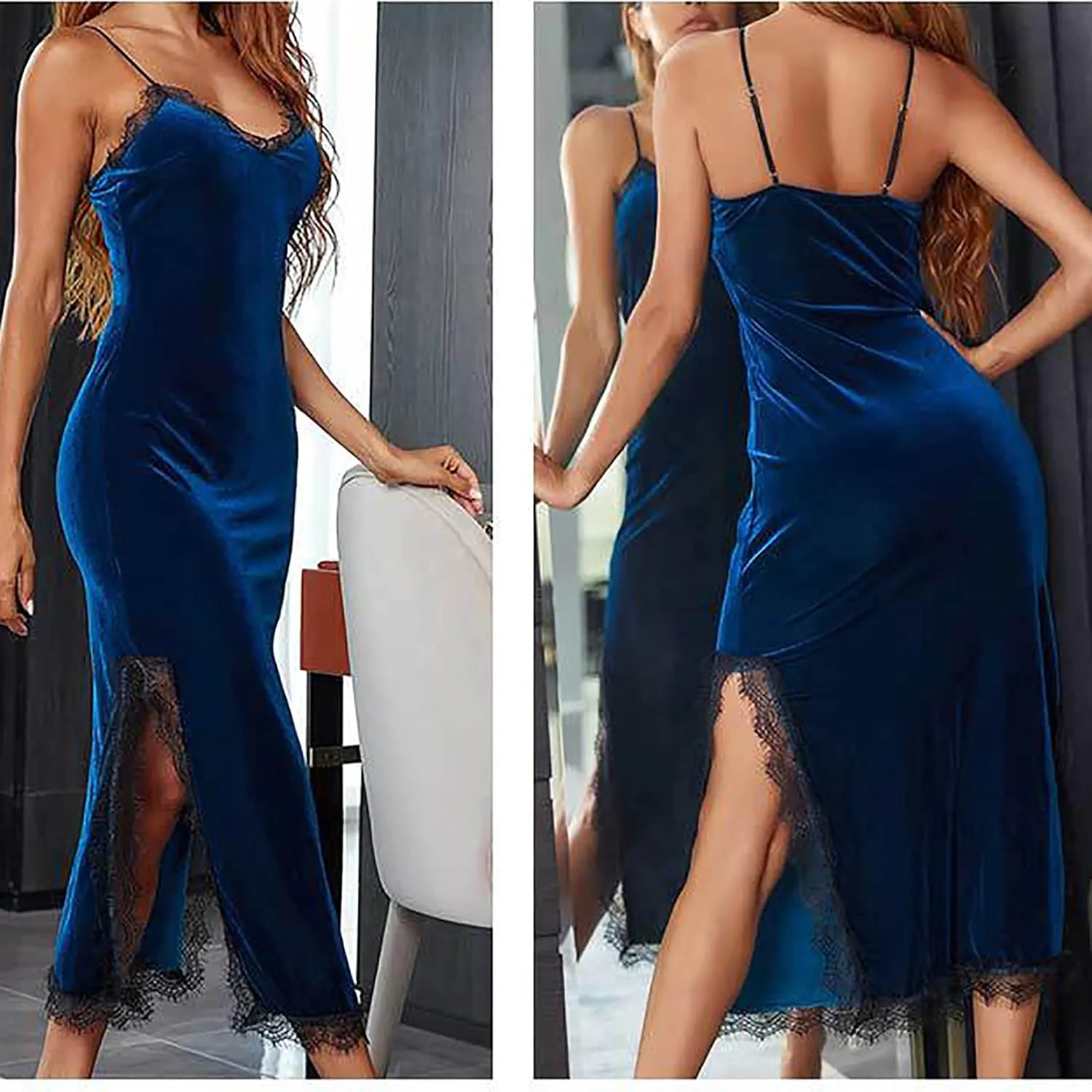 Women Sexy Nightgowns Side Split Sleepwear Spaghetti Strap Long Dress Ladies V Neck Sleeveless Comfy Outside Dresses