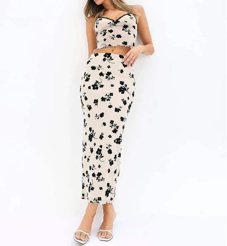 Women Sexy Two Piece Long Skirt Set Y2k Crop Cami Top Split Maxi Skirt Floral Print Outfits Summer Party Clubwear