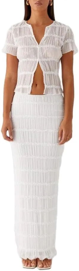 Women Y2k 2 Piece Maxi Skirt Set Ruched Short Sleeve Crop Top Flowy Ruffle Long Skirt Outfits Beachwear