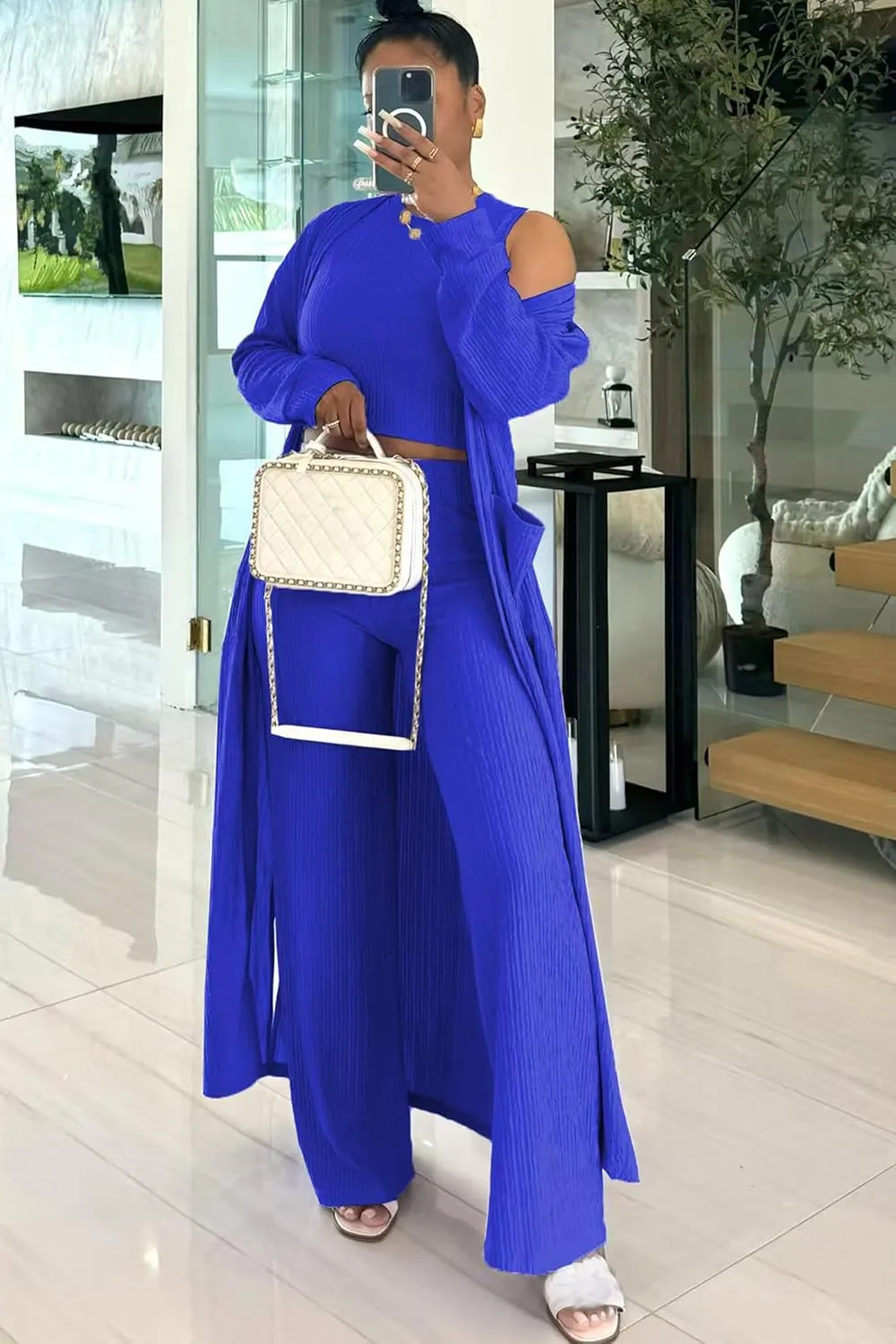Women's 3 Piece Lounge Track Suits Set Long Cardigan Vest and Pant 2 Piece Sweatsuits Set Matching Travel Outfit Set
