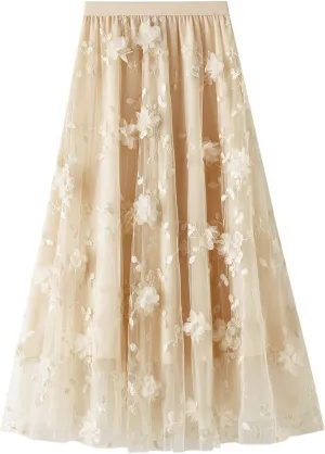 Women's 3D Floral Butterfly Embroidery Tulle Skirts Layered Elastic High Waist Tutu Midi Pleated Mesh A-Line Skirt