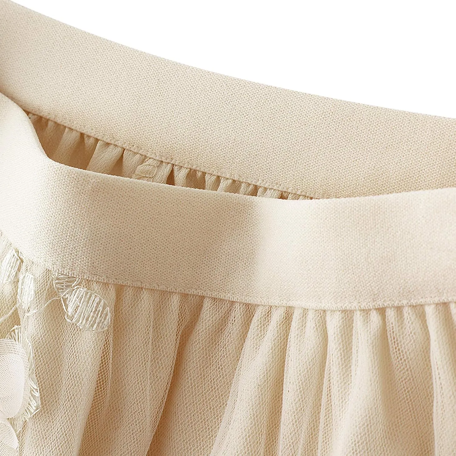Women's 3D Floral Butterfly Embroidery Tulle Skirts Layered Elastic High Waist Tutu Midi Pleated Mesh A-Line Skirt