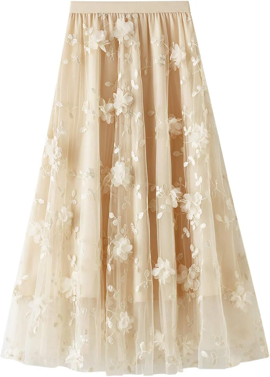 Women's 3D Floral Butterfly Embroidery Tulle Skirts Layered Elastic High Waist Tutu Midi Pleated Mesh A-Line Skirt