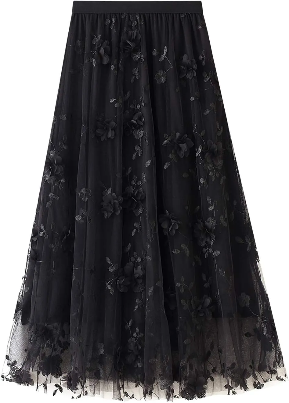 Women's 3D Flower Embroidery Tulle Skirt, Long Pleated High Waist Elegant Midi Swing Skirt A Line Midi Skirt