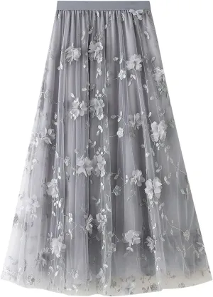Women's 3D Flower Embroidery Tulle Skirt, Long Pleated High Waist Elegant Midi Swing Skirt A Line Midi Skirt
