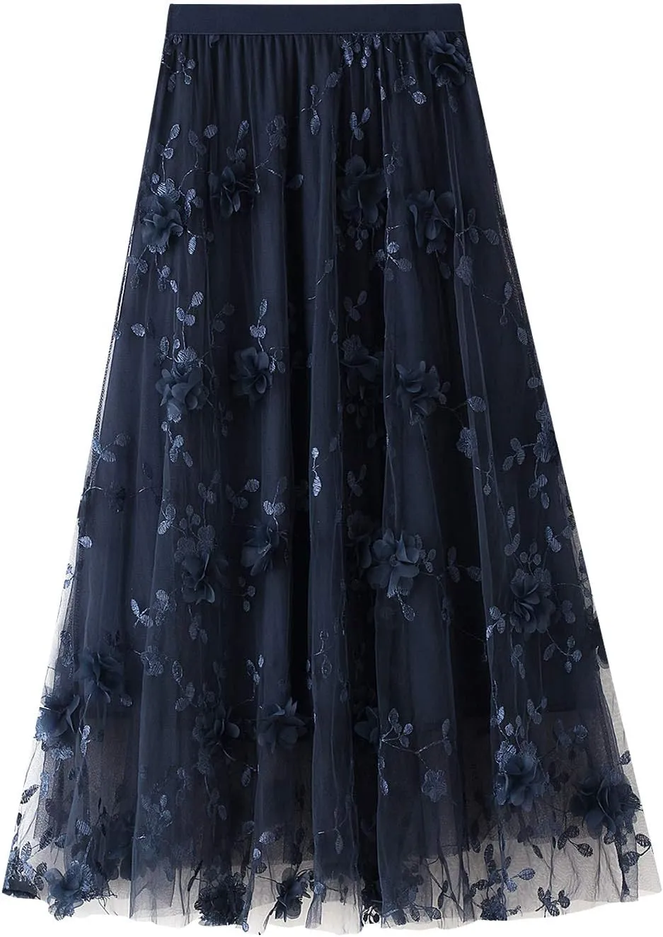 Women's 3D Flower Embroidery Tulle Skirt, Long Pleated High Waist Elegant Midi Swing Skirt A Line Midi Skirt