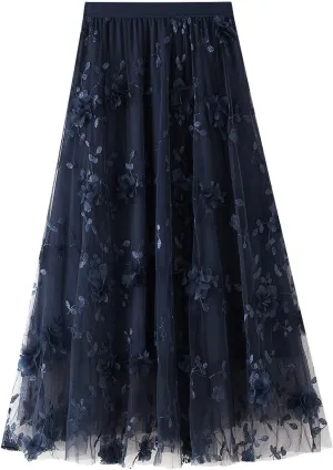 Women's 3D Flower Embroidery Tulle Skirt, Long Pleated High Waist Elegant Midi Swing Skirt A Line Midi Skirt