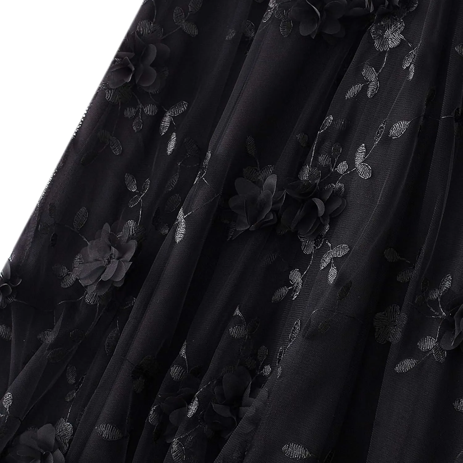 Women's 3D Flower Embroidery Tulle Skirt, Long Pleated High Waist Elegant Midi Swing Skirt A Line Midi Skirt
