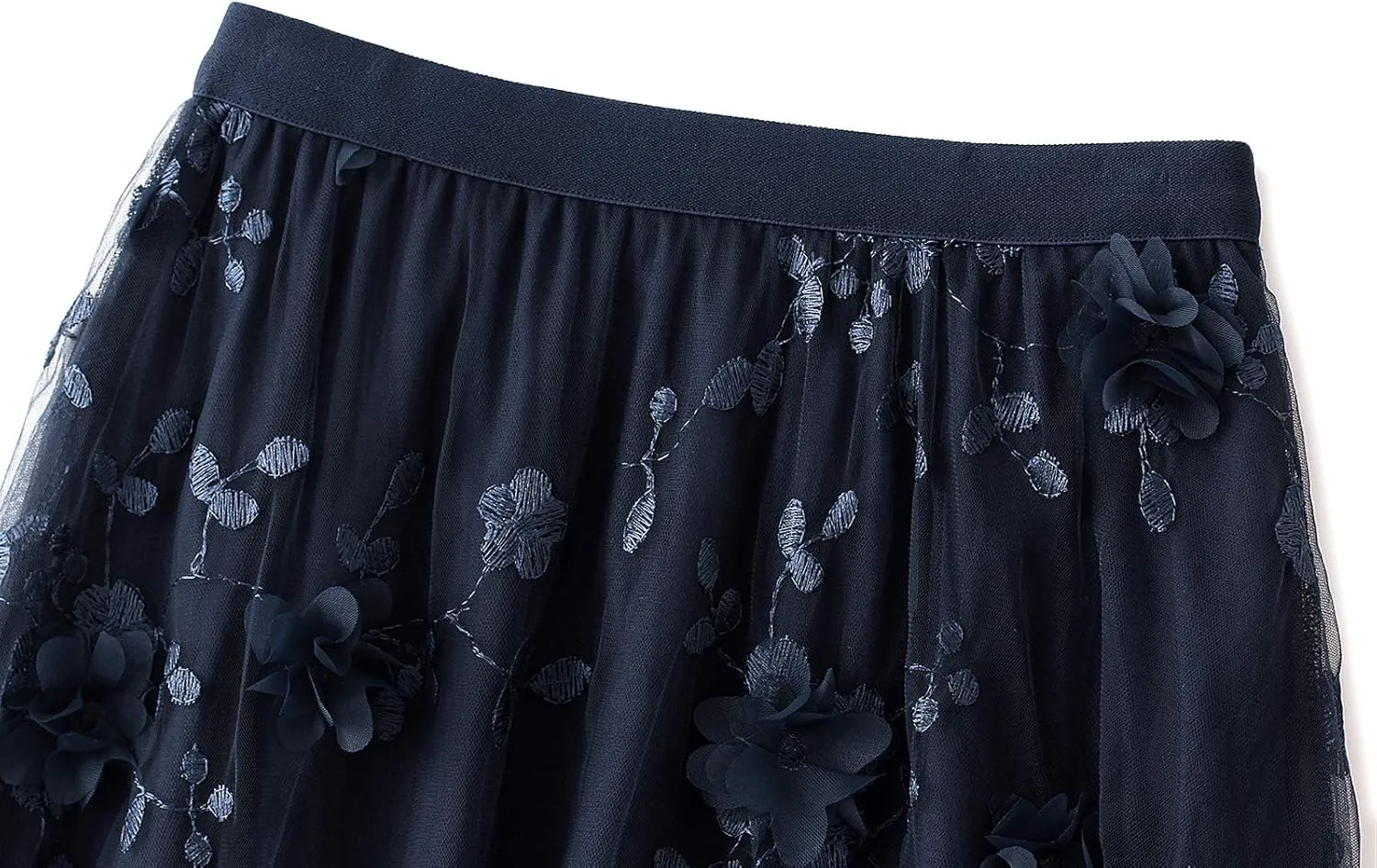 Women's 3D Flower Embroidery Tulle Skirt, Long Pleated High Waist Elegant Midi Swing Skirt A Line Midi Skirt