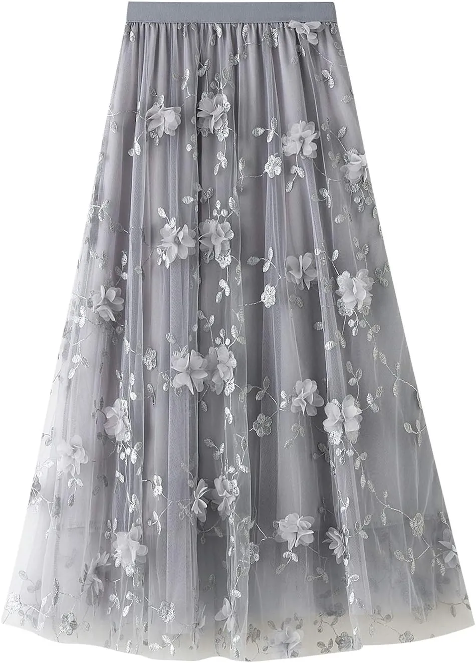 Women's 3D Flower Embroidery Tulle Skirt, Long Pleated High Waist Elegant Midi Swing Skirt A Line Midi Skirt