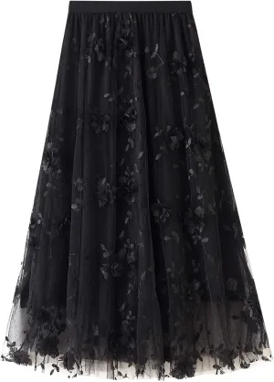 Women's 3D Flower Embroidery Tulle Skirt, Long Pleated High Waist Elegant Midi Swing Skirt A Line Midi Skirt