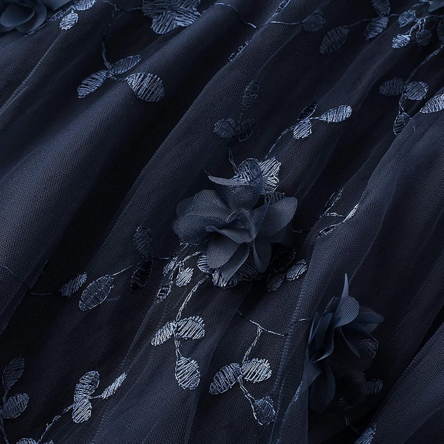 Women's 3D Flower Embroidery Tulle Skirt, Long Pleated High Waist Elegant Midi Swing Skirt A Line Midi Skirt