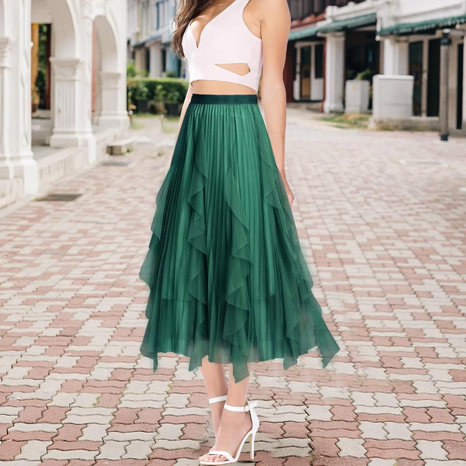 Women's A Line Tulle Midi Skirt Tutu Tiered Petticoat Skirts Tea-Length Elastic Waist Tutu Skirts