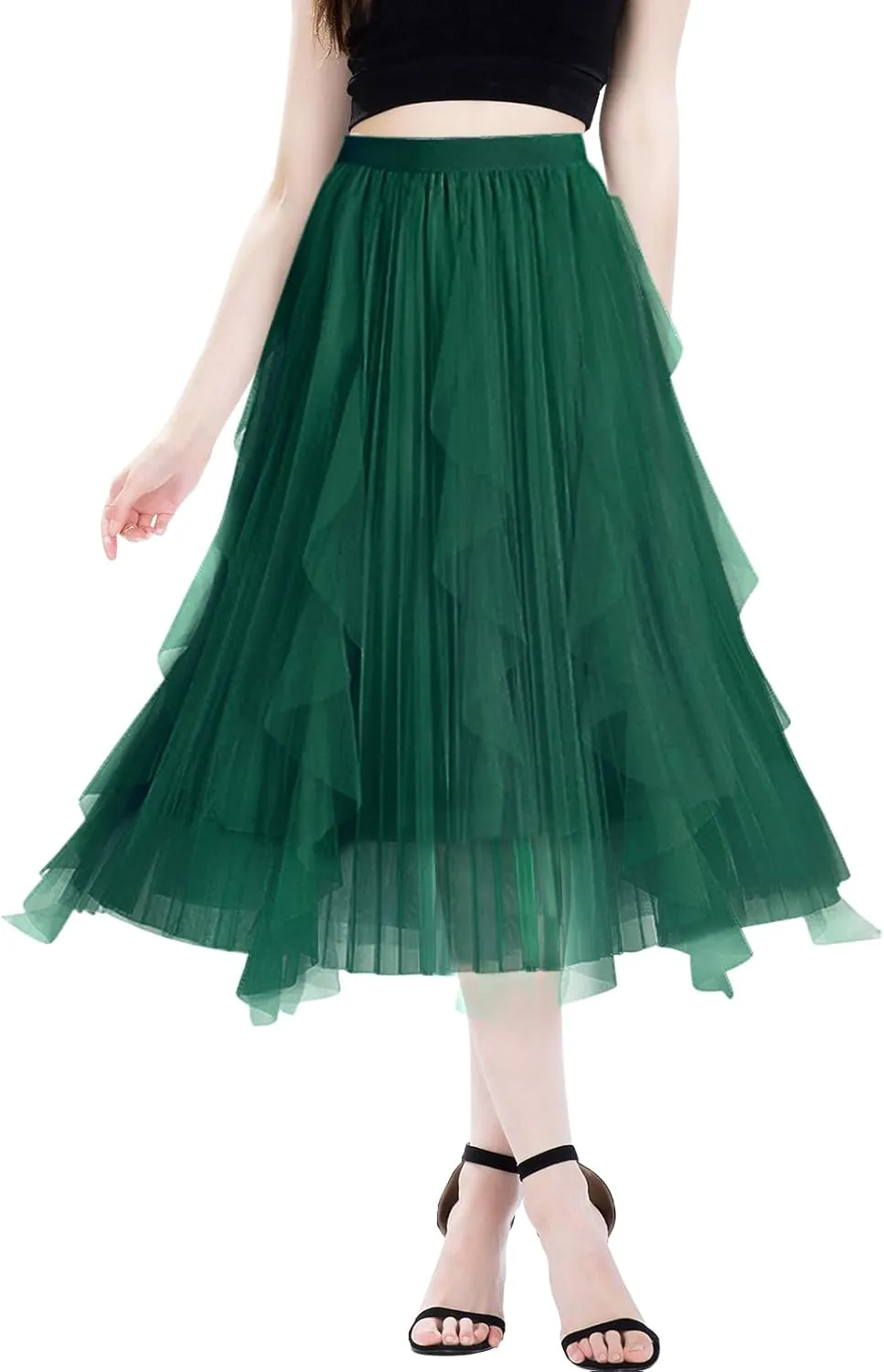 Women's A Line Tulle Midi Skirt Tutu Tiered Petticoat Skirts Tea-Length Elastic Waist Tutu Skirts