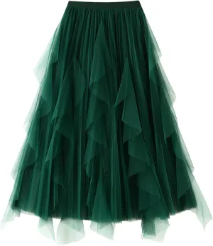 Women's A Line Tulle Midi Skirt Tutu Tiered Petticoat Skirts Tea-Length Elastic Waist Tutu Skirts