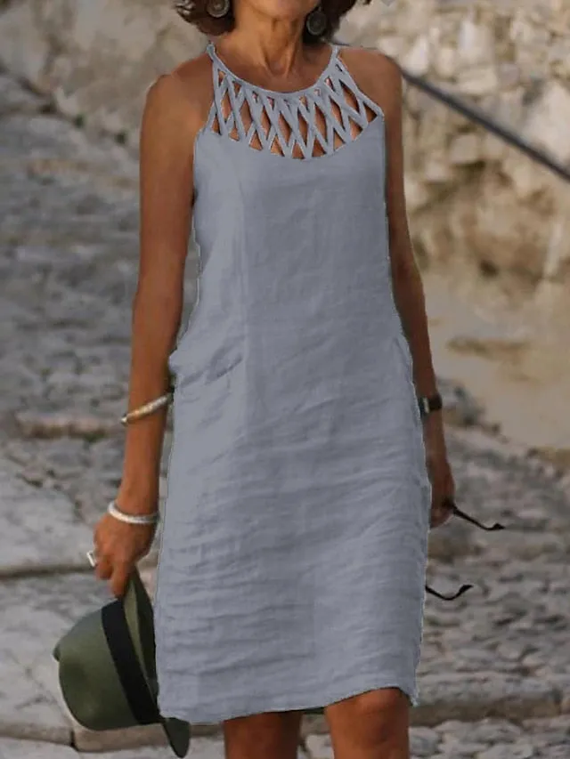 Women's Casual Dress Cotton Linen Dress Shift Dress Mini Dress Cotton Blend Modern Casual Outdoor Daily Vacation Halter Ruched Hollow Out Sleeveless Summer Spring 2023 Regular Fit Black White Blue