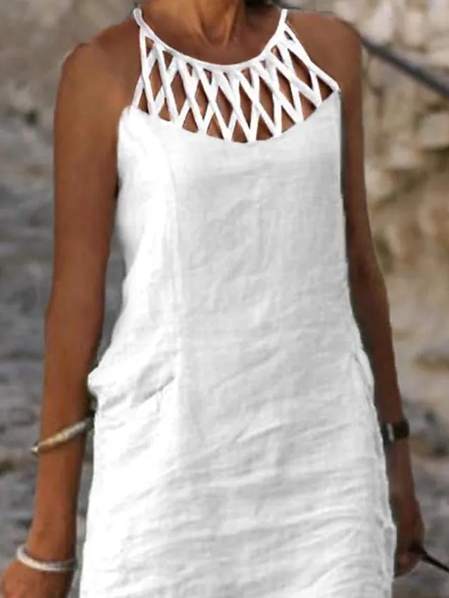 Women's Casual Dress Cotton Linen Dress Shift Dress Mini Dress Cotton Blend Modern Casual Outdoor Daily Vacation Halter Ruched Hollow Out Sleeveless Summer Spring 2023 Regular Fit Black White Blue