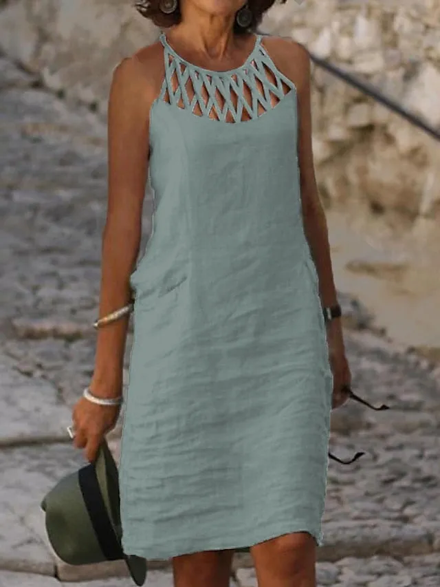 Women's Casual Dress Cotton Linen Dress Shift Dress Mini Dress Cotton Blend Modern Casual Outdoor Daily Vacation Halter Ruched Hollow Out Sleeveless Summer Spring 2023 Regular Fit Black White Blue