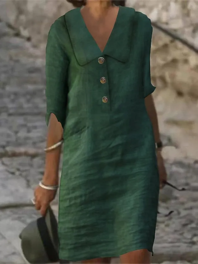 Women's Cotton Linen Dress Casual Dress Shift Dress Midi Dress Cotton Blend Fashion Modern Outdoor Daily Vacation Shirt Collar Button Half Sleeve Summer Spring 2023 Regular Fit White Blue Green Plain
