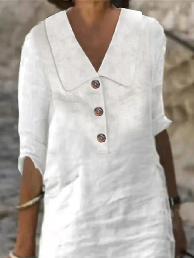 Women's Cotton Linen Dress Casual Dress Shift Dress Midi Dress Cotton Blend Fashion Modern Outdoor Daily Vacation Shirt Collar Button Half Sleeve Summer Spring 2023 Regular Fit White Blue Green Plain