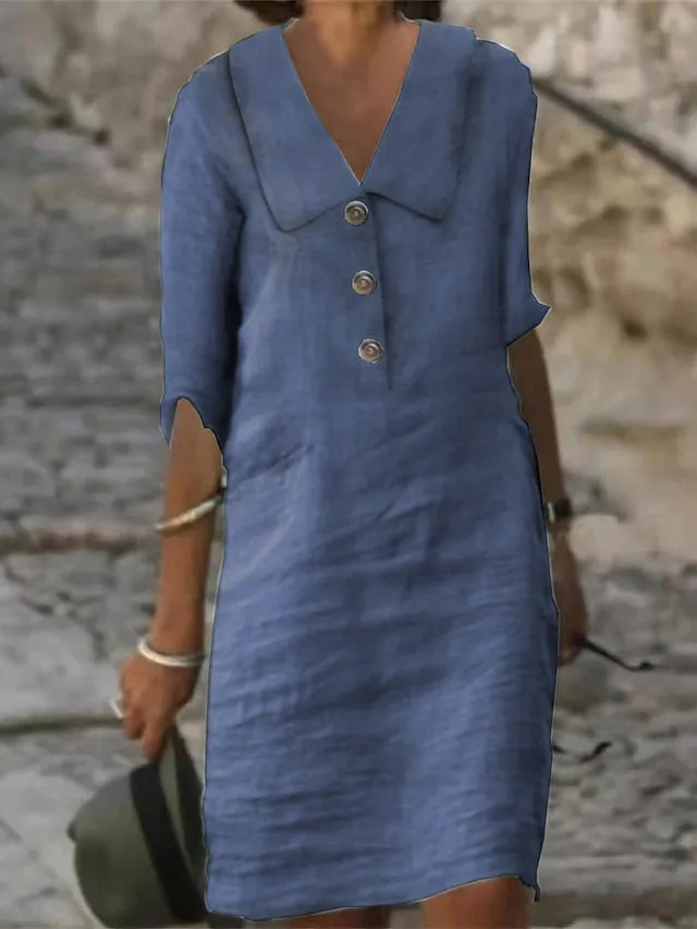 Women's Cotton Linen Dress Casual Dress Shift Dress Midi Dress Cotton Blend Fashion Modern Outdoor Daily Vacation Shirt Collar Button Half Sleeve Summer Spring 2023 Regular Fit White Blue Green Plain
