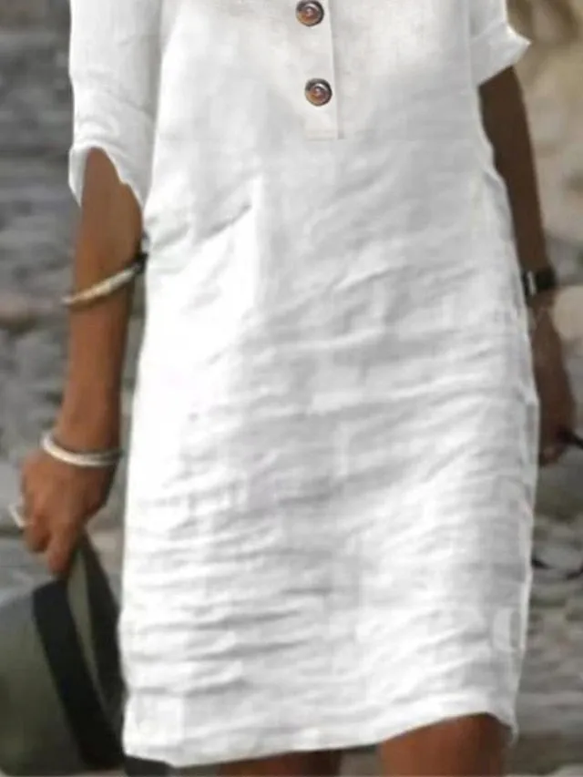 Women's Cotton Linen Dress Casual Dress Shift Dress Midi Dress Cotton Blend Fashion Modern Outdoor Daily Vacation Shirt Collar Button Half Sleeve Summer Spring 2023 Regular Fit White Blue Green Plain