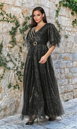 Women's Glitter Dot Tulle Maxi Dress  Wrap Gown with Butterfly Sleeves & Crystal Belt | Evening Dress