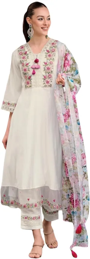 women's kurta set dupatta Viscose Silk Embroidery A-line Kurta Pant Salwar Suit Set Full iner Kurta Set for Women