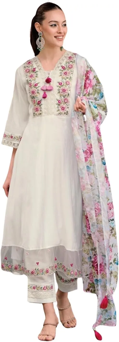 women's kurta set dupatta Viscose Silk Embroidery A-line Kurta Pant Salwar Suit Set Full iner Kurta Set for Women
