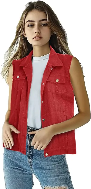 Women's Lapel Blue Denim Vest Buttoned Vest Jacket