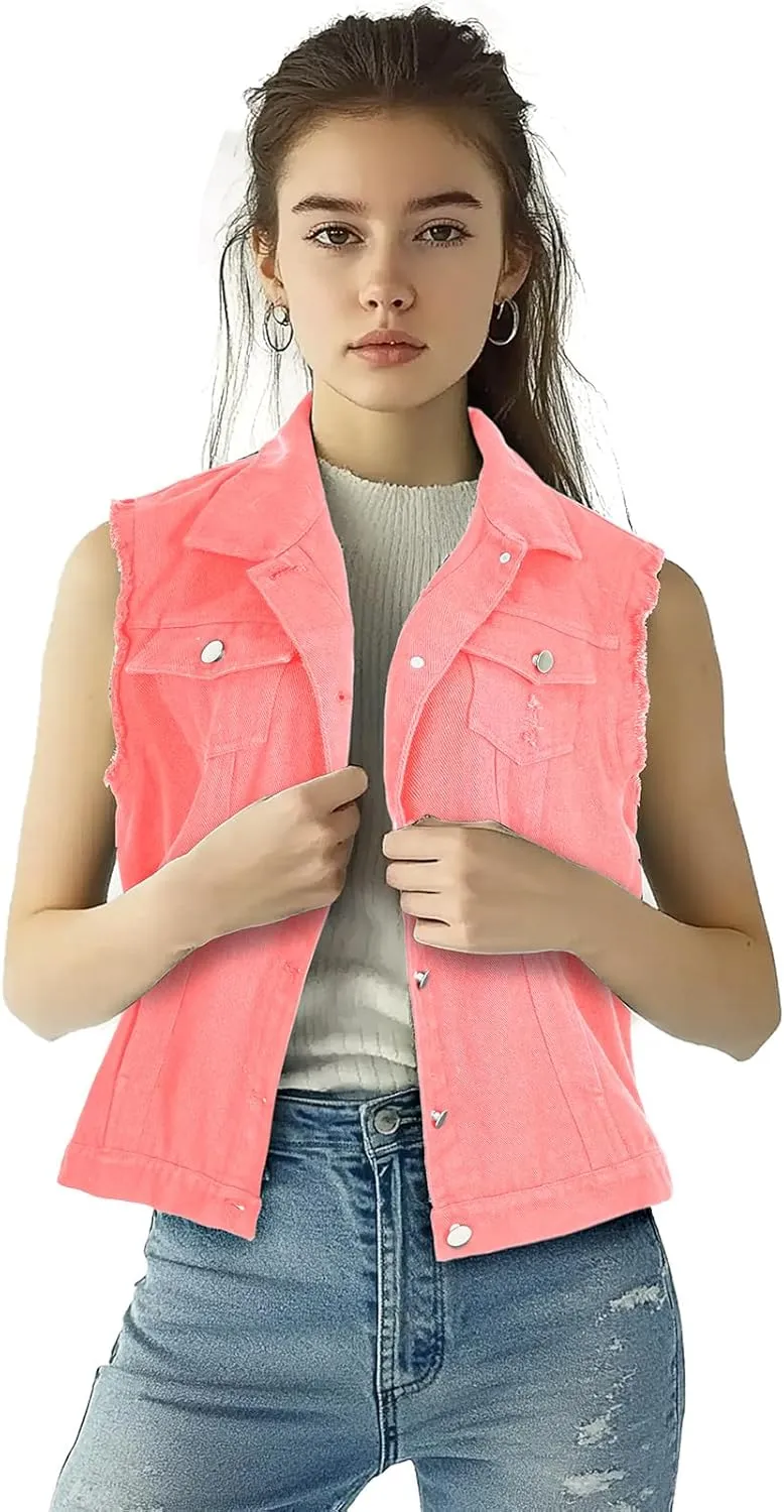 Women's Lapel Blue Denim Vest Buttoned Vest Jacket