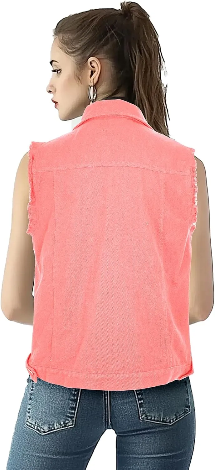 Women's Lapel Blue Denim Vest Buttoned Vest Jacket