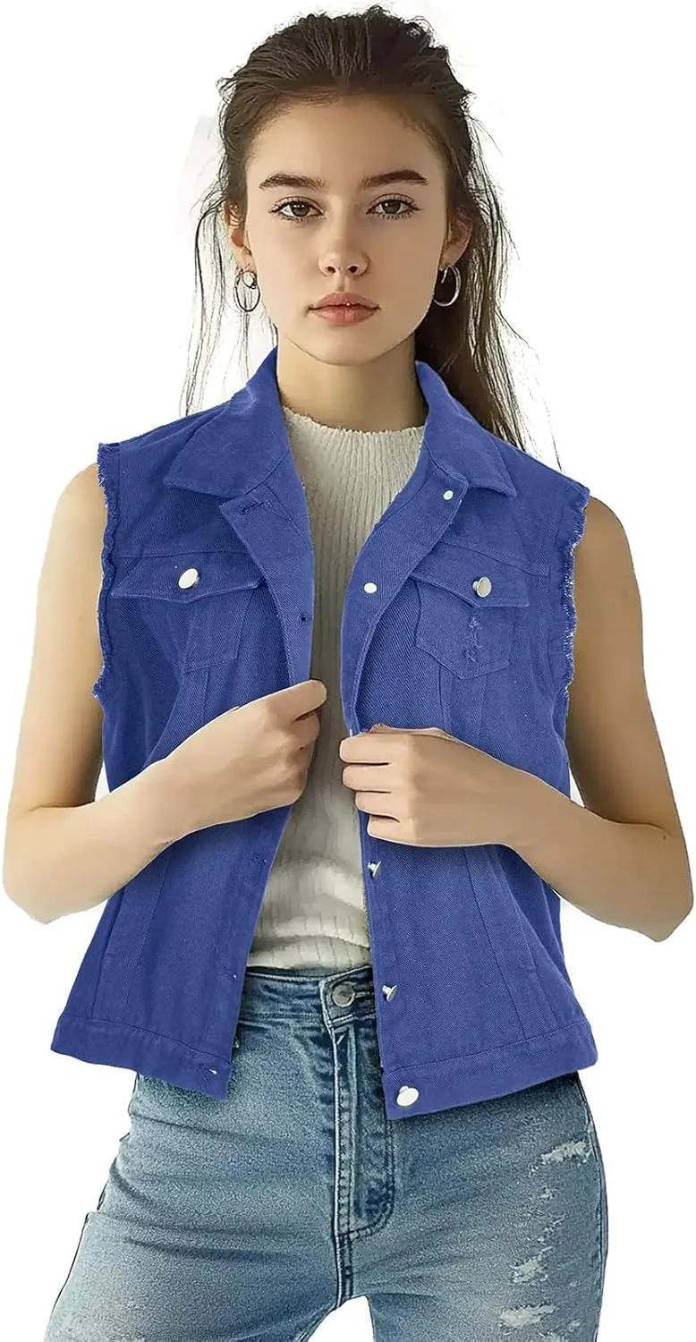 Women's Lapel Blue Denim Vest Buttoned Vest Jacket
