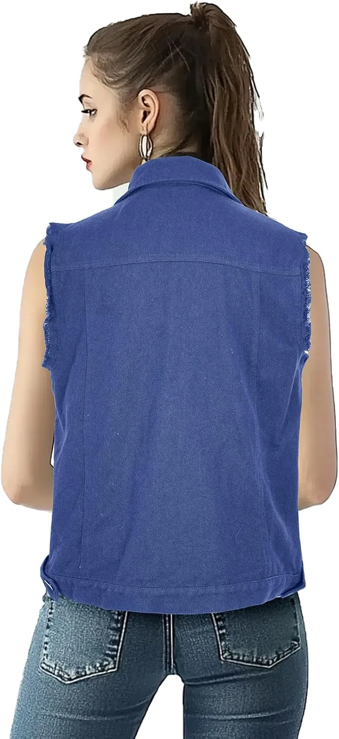 Women's Lapel Blue Denim Vest Buttoned Vest Jacket