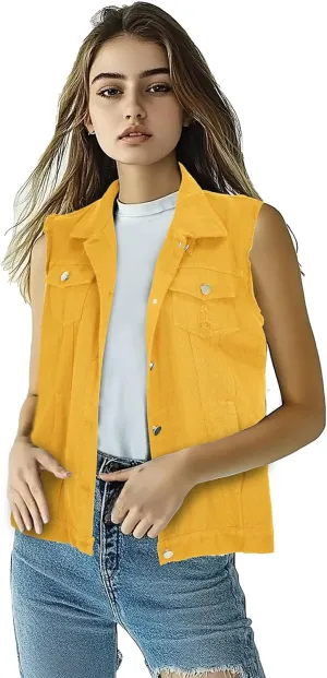 Women's Lapel Blue Denim Vest Buttoned Vest Jacket
