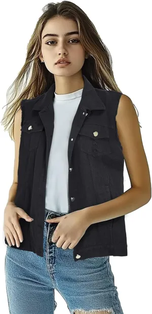 Women's Lapel Blue Denim Vest Buttoned Vest Jacket