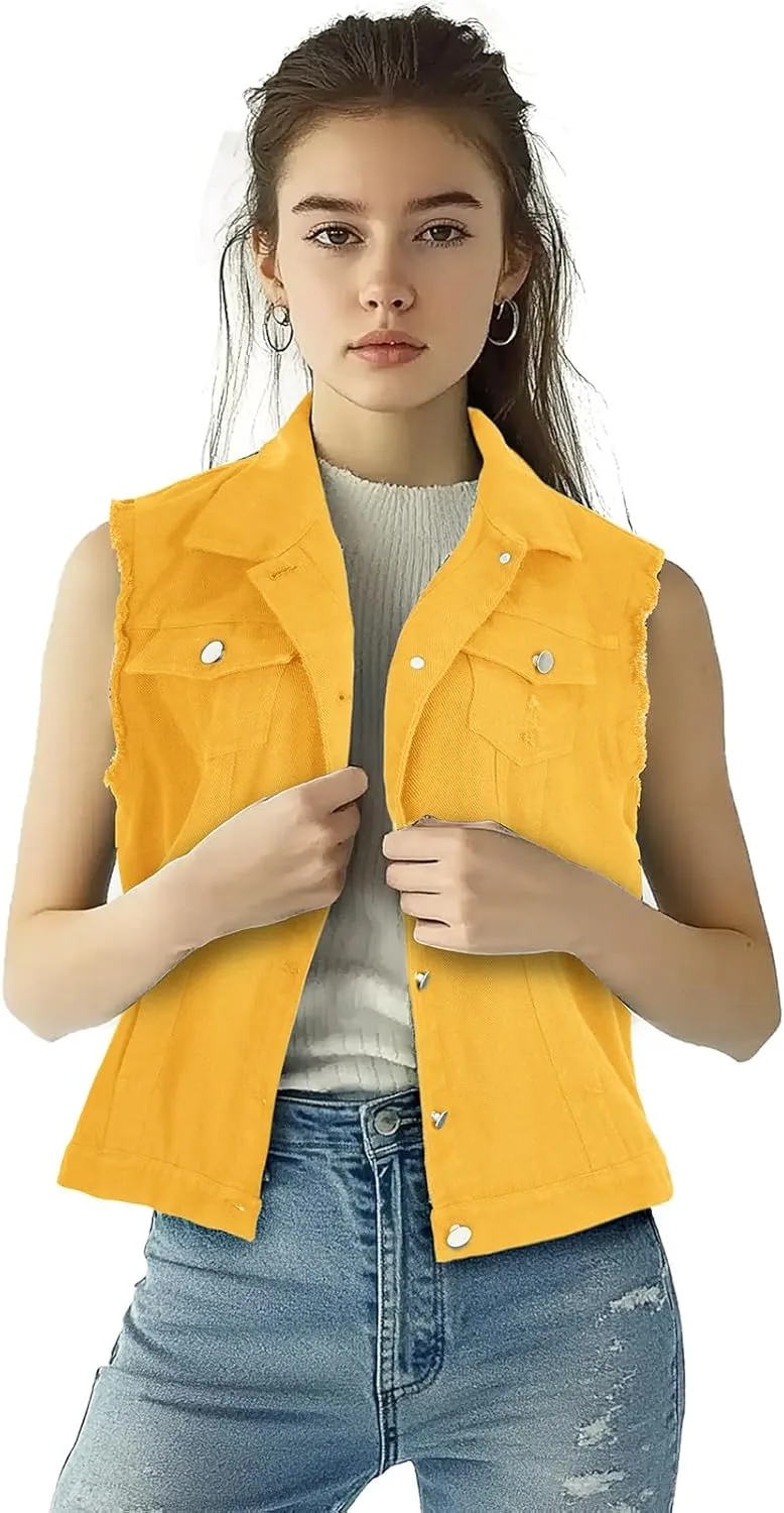 Women's Lapel Blue Denim Vest Buttoned Vest Jacket
