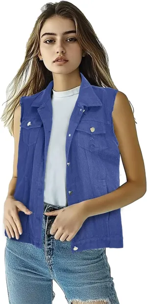 Women's Lapel Blue Denim Vest Buttoned Vest Jacket