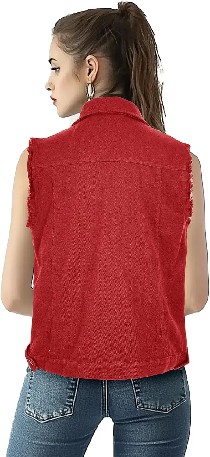 Women's Lapel Blue Denim Vest Buttoned Vest Jacket