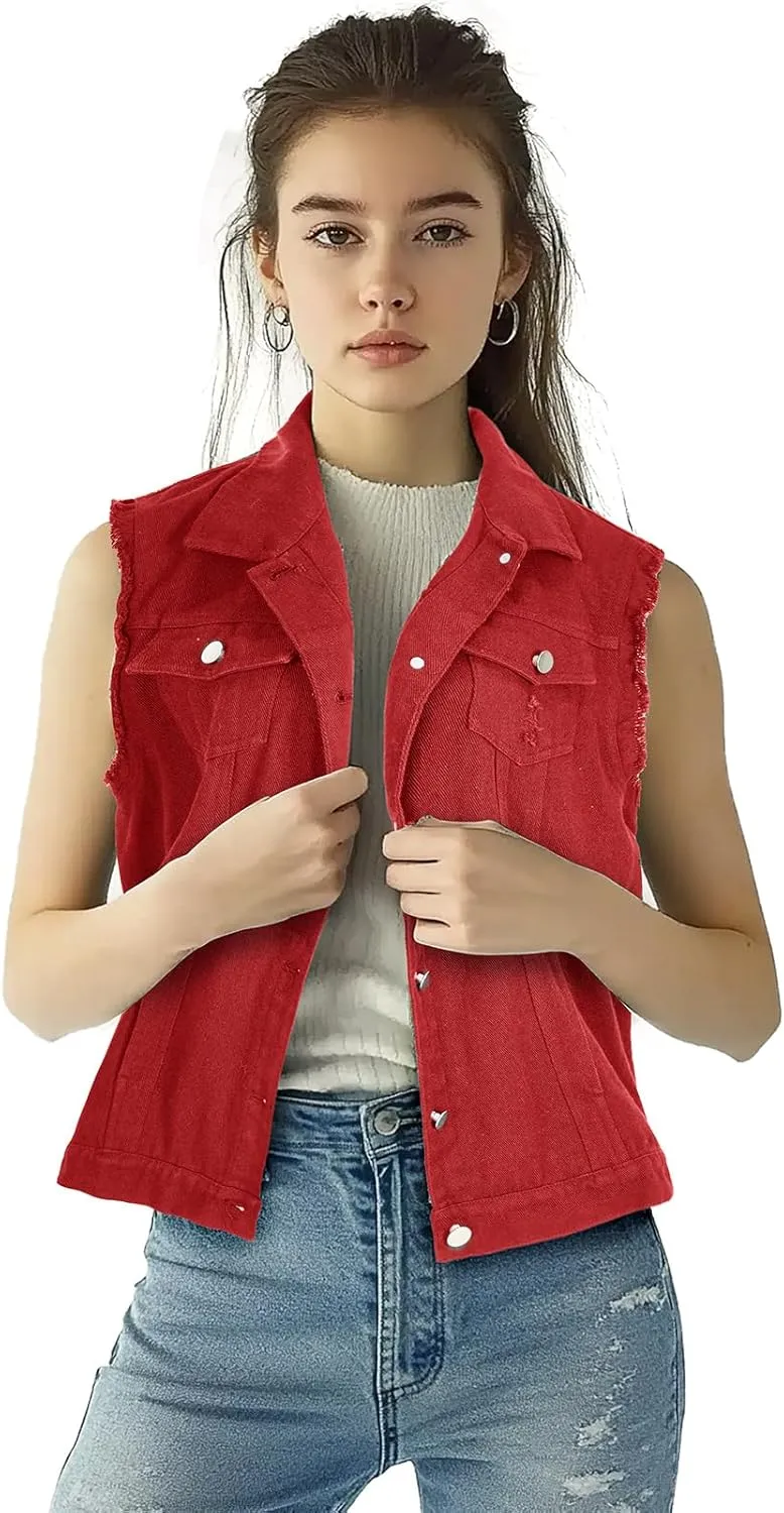 Women's Lapel Blue Denim Vest Buttoned Vest Jacket